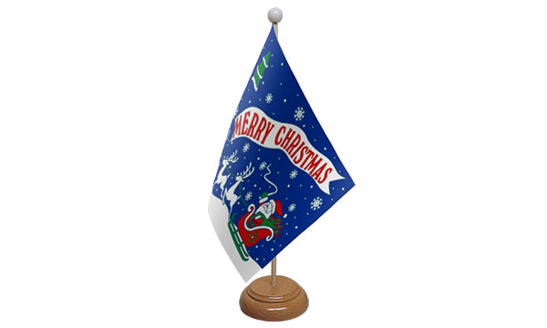 Merry Christmas Blue Small Flag with Wooden Stand